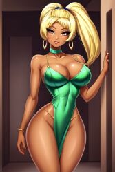 ai_generated blonde_hair choker curvy dress earrings green_dress gyaru linguin medium_breasts original_character ponytail sexy_dress student tanned_skin thick_thighs thin_waist wide_hips