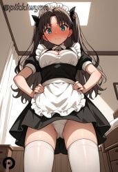 ai_generated alternate_costume apron ass_visible_through_thighs bangs black_dress black_hair black_ribbon blue_eyes blush breasts cameltoe cleavage closed_mouth cowboy_shot dress enmaided fate/stay_night fate_(series) female frilled_apron frills from_below hair_ribbon hands_on_hips indoors long_hair looking_at_viewer looking_down maid maid_apron maid_headdress medium_breasts nose_blush panties pantyshot parted_bangs pikkiwynn puffy_sleeves ribbon short_dress short_sleeves socks solo standing sweat thigh_socks thighhighs tohsaka_rin twintails two_side_up underwear upskirt waist_apron white_apron white_panties white_socks white_thighhighs window