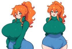 1futa ai_generated big_bulge big_penis breasts_bigger_than_head bulge erection futa_only futanari glasses huge_cock jessica_(hunun) large_breasts mullon novelai orange_hair original ponytail smile solo sweater thick_thighs top_heavy turtleneck voluptuous voluptuous_futanari wide_hips