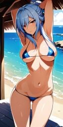 ai_generated armpits arms_behind_head arms_up beach belly belly_button bikini blue_hair collarbone commentary_request honkai:_star_rail honkai_(series) jingliu_(honkai:_star_rail) lia_the_busty_redhead light_blue_hair mature mature_female mature_woman medium_breasts micro_bikini ocean outdoors pelvic_line ponytail red_eyes self_upload slender_body tagme thin thin_female tied_hair wide_hips