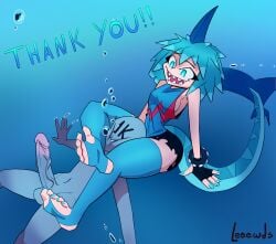 1boy 1boy1girl 1girls big_penis big_thighs choking chomp_(leeewds) clothed clothed_female_nude_male clothing faceless_character faceless_male feet feet_up leeewds light-skinned_female light_skin open_mouth original_character shark shark_girl shark_tail sharp_teeth squish thank_you thigh_choking thigh_grab thighhighs thighs underwater