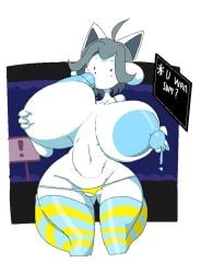 4four44 background cyan_nipples furry grey_hair huge_breasts pussy self_breast_sucking temmie temmie_(undertale) text text_bubble undertale undertale_(series) white_fur