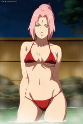 1girls ai_generated arm_behind_head artkoikoi belly belly_button bikini bikini_bottom bikini_top boruto:_naruto_next_generations breasts cleavage collarbone curvaceous curvy curvy_body curvy_female curvy_figure female female_focus forehead_mark hot_spring koikoi light-skinned_female light_skin long_hair medium_breasts midriff nai_diffusion naruto naruto:_the_last naruto_(series) naruto_shippuden navel onsen pale-skinned_female pale_skin patreon_username petite petite_body pink_hair pinup sakura_haruno shoulder_length_hair stable_diffusion swimsuit url watermark web_address wet wet_body wet_skin white_skin