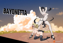 2girls arms_behind_back ball_gag bangs bayonetta bayonetta_(character) bayonetta_2 black_hair blonde_hair bondage bound bound_arms breasts crossover female female_only femdom femsub gag gagged glasses gloves kneeling metroid mostly_nude multiple_girls nintendo nipples red_ball_gag restrained samus_aran slamfandango strap-on strapon super_smash_bros. thighhighs topless yuri