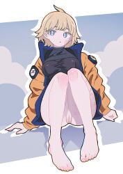 1girl 1girls 2d apex_legends black_topwear blonde blonde_hair blue_eyes bottomless confusion digital_media_(artwork) feet female female_focus female_only foot_fetish legs lichtenberg_figure orange_jacket partially_clothed pussy scar scars sitting solo solo_female solo_focus thighs ueda8039 vaginal wattson_(apex_legends)