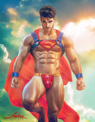 abs cape dc flying harness leather male male_only muscular outdoors pinup solo superhero superman zane_nox