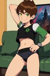 1girls ai_generated ben_10 ben_tennyson brown_hair couch crop_top genderswap genderswap_(mtf) green_eyes omnitrix panties picture_frame pixai posing rule_63 short_hair small_breasts smile solo solo_female watch