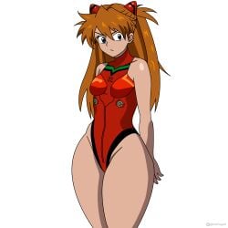 1girls asuka_langley_sohryu bangs bare_shoulders bare_thighs blue_eyes breasts female hair_between_eyes highleg long_hair looking_at_viewer nsfwgali plugsuit simple_background sleeveless sleeveless_leotard small_breasts solo standing tagme thick_thighs thong thong_leotard white_background