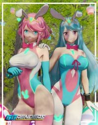 2girls 3d blue_eyes blue_hair bowtie breasts bunny_ears core_crystal detached_collar earrings elbow_gloves fake_animal_ears ggrenders gloves large_breasts leotard long_hair looking_at_viewer multicolored_leotard mythra nintendo outside pantyhose pink_eyes pink_hair playboy_bunny pyra short_hair thigh_strap thighhighs tiara trees wrist_cuffs xenoblade_(series) xenoblade_chronicles_2