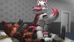 3d animatronic anthro bed bedroom bedroom_sex big_dom_small_sub canid canine claws dominant duo five_nights_at_freddy's five_nights_at_freddy's:_sister_location five_nights_at_freddy's_4 fox foxofnightmares foxy_(fnaf) funtime_foxy_(fnaf) funtime_foxy_(fnafsl) furniture gay gay_sex hi_res humanoid machine male male/male mammal nightmare_foxy nightmare_foxy_(fnaf) penetration penile penile_penetration pink_body red_body robot satisfied_look scottgames sharp_teeth sister_location size_difference slithinet tail teeth white_body yellow_eyes