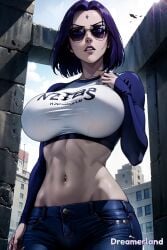 abdomen abdominals abs ai_generated anime anime_style arms belly_button big_breasts breasts breasts_bigger_than_head building day daytime dc_comics eyes eyes_open fake_breasts female female_focus female_only focus from_below from_front_position hair hand_on_breast hd hd_(traditional) high_resolution highres hourglass_figure huge_breasts jeans light light-skinned_female light_body lighting lips lipstick long_sleeves looking_away midriff navel neck nose pose posing posing_for_picture purple_eyes purple_hair raven_(dc) round_breasts seducing seduction seductive_body seductive_look seductive_pose serious serious_face shiny_clothes shiny_hair shiny_skin shirt short_hair simple_background sky sky4maleja slim_waist straight_hair sunglasses sunlight teen_titans teeth tight_clothes tight_clothing toned_belly toned_female toned_stomach upper_body waist watermark white_skin