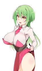 anjou_tokoha breasts cardfight!!_vanguard cardfight!!_vanguard_g clothed green_hair large_breasts legs no_nude no_panties no_sex oda_koziki simple_background skirt skirt_lift thighs white_background