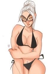 bikini black_bra black_cat_(marvel) black_panties bra curvy felicia_hardy green_eyes marvel marvel_comics mask panties ponytail spider-man_(ps4) spider-man_(series) tomphelippe white_hair