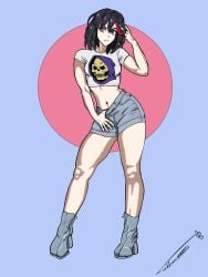 1girls artist_signature black_hair blue_eyes boots casual_clothes denim_shorts exposed_midriff high_heel_boots ironsiderodger kill_la_kill light-skinned_female light_skin matoi_ryuuko red_strand_of_hair skeletor t-shirt