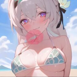 :3 beach bikini blowing_kiss blush collaboration cute firefly_(honkai:_star_rail) honkai:_star_rail kissing lipstick_mark medium_breasts smile upper_body video wet_body wet_skin