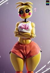 ai_generated big_ass black_eyes cute_face five_nights_at_freddy's orange_shorts repartz small_breasts thick_thighs toy_chica_(fnaf) wide_hips