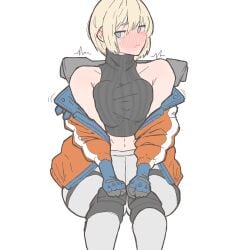 apex_legends blush blush clothed embarrassed looking_at_viewer navel revealing_clothes sitting thick_thighs ueda8039 wattson_(apex_legends)