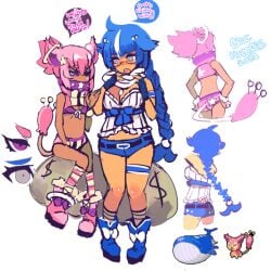 2girls animal_ears ankle_boots blue_hair blush boots braid breasts bridal_garter bustier cat_ears cleavage creatures_(company) dollar_sign fingerless_gloves flat_chest game_freak gen_3_pokemon glasses gloves grey_eyes hopebiscuit long_hair mask mouth_mask multiple_girls nintendo personification pigeon-toed pink_hair pokemon pokemon_(creature) purple_eyes sack scarf semi-rimless_eyewear short_shorts shorts single_braid skitty tail tan under-rim_eyewear wailord