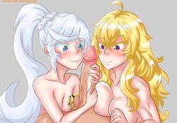 1boy 2girls blonde_female blonde_hair breasts erect_penis faceless_male handjob icesticker long_hair long_hair_female nude_female nude_male pov robotic_arm rwby scar_across_eye weiss_schnee white_hair white_hair_female yang_xiao_long