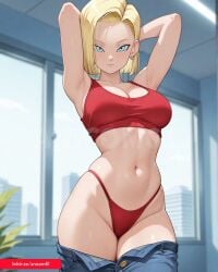 1989 1990 1991 1992 1993 1994 1995 1996 2025 ai_generated android18dx android_18 anicom61 blonde_female blonde_hair blue_eyes dragon dragon_ball dragon_ball_super dragon_ball_z hands_behind_head instagram jeans_down looking_at_viewer meta pants_down red_bikini smile smile_at_viewer