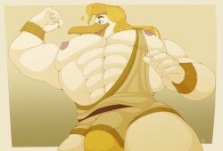 2020 5_fingers abs anthro areola avian beak biceps big_bulge big_muscles biped bird blonde_hair blue_eyes bracelet bulge clothing detailed_bulge digital_drawing_(artwork) digital_media_(artwork) disney ducktales ducktales_(2017) duo eyebrows fingers hair hi_res holding_character huge_bulge jewelry long_hair macro male mkvero muscular muscular_anthro muscular_male nipples pecs simple_background smile solo_focus standing stork storkules toga white_body