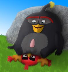 2022 anal angry_birds anthro avian balls bird black_body blue_eyes bomb_(angry_birds) brown_eyes duo eyebrows genitals grass hi_res looking_at_another looking_down male male/male male_only open_mouth oral penis pinned pinned_to_ground plant red_(angry_birds) red_body rick25 rimming rock rovio_entertainment sega sex the_angry_birds_movie thick_eyebrows tongue