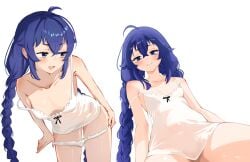 1girls absurdres ahoge alternate_costume babywipes blue_eyes blue_hair braid breasts camisole collarbone commentary crossed_bangs english_commentary female female_only hair_between_eyes highres jpg long_hair looking_at_viewer looking_to_the_side multiple_views mushoku_tensei no_panties panties panty_pull pussy_juice pussy_juice_trail roxy_migurdia simple_background small_breasts solo spread_legs strap_slip twin_braids underwear undressing upper_body very_long_hair white_background white_camisole white_panties