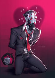 1boy bondage clothed clothed_erection kiki-alien kneeling lipstick_mark male male_focus male_only maximilien omnic overwatch robot suit tied_arms