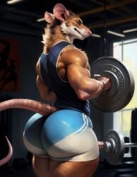 1boy ai ai_generated anthro big_ass big_butt blue_shorts bubble_butt dumbbell exercise furry gym_rat_(jackvinsanity) gym_shorts huge_ass huge_butt jackvinsanity male male_only muscular muscular_male shorts solo solo_male tail