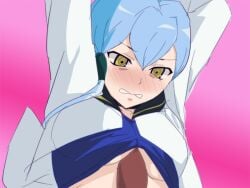 1boy 1girls cardfight!!_vanguard gillian_chen oda_koziki paizuri penis_between_breasts shirt_lift titjob underboob