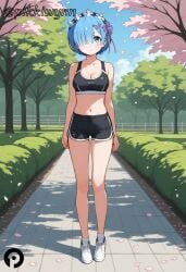 ai_generated alternate_costume ankle_socks anklehighs bangs bare_arms bare_legs bare_shoulders black_shorts black_sports_bra blue_eyes blue_hair blue_sky blush breasts cherry_blossoms cleavage closed_mouth cloud collarbone crop_top day dolphin_shorts female full_body hair_ornament hair_over_one_eye hair_ribbon large_breasts looking_at_viewer medium_breasts midriff navel outdoors petals pikkiwynn pink_ribbon re:zero_kara_hajimeru_isekai_seikatsu rem_(re:zero) ribbon shoes short_hair short_shorts shorts sky sneakers socks socks_and_shoes solo sports_bra standing stomach thighs tree white_footwear white_socks x_hair_ornament