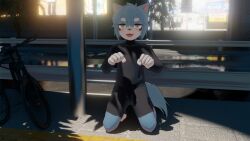 3d_(artwork) anthro biped blue_body blue_fur canid canine canis countershade_fur countershading digital_media_(artwork) fur hi_res kemono kneeling looking_at_viewer male mammal public solo toye2004 white_body white_countershading white_fur wolf