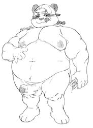 2019 absurd_res alp_(tokyo_afterschool_summoners) anthro balls belly black_and_white blush closed_eyes clothing erection giant_panda hat headgear headwear hi_res humanoid_hands humanoid_penis male male_only mammal moobs navel nipples nsfwnudo nunudodo overweight overweight_male penis simple_background solo tokyo_afterschool_summoners tongue tongue_out ursid video_games white_background