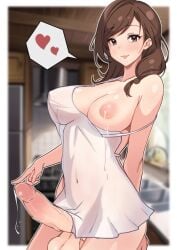 1futa apron asian bare_shoulders better_version_at_source blurry blurry_background breasts brown_eyes brown_hair closed_mouth covered_navel cowboy_shot erection futanari heart indoors lactation large_breasts large_penis lips looking_at_viewer mature_female naked_apron nipples one_breast_out original penis precum smile solo spoken_heart testicles third-party_source uncensored yoshiwo_senpai