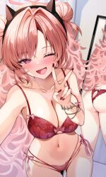 ass blue_archive blush bra cute_fang female gehenna_academy_student kirara_(blue_archive) lace_trim lingerie medium_breasts mirror mirror_reflection one_eye_closed panties peace_sign posing reaching_out red_lingerie sparkle_club_(blue_archive) underwear v v_sign