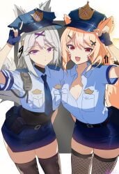 2girls animal_ears bangs belt black_belt black_gloves black_legwear blonde_hair blue_headwear blue_shirt blue_skirt breasts cat_ears cat_tail catgirl collared_shirt cuffs eyebrows_visible_through_hair face_markings female female_only filian filian_(vtuber) fingerless_gloves fishnet_legwear fishnets gloves hair_ornament hair_ribbon hairclip handcuffs hat indie_virtual_youtuber long_hair looking_at_viewer miniskirt multiple_girls necktie open_mouth pencil_skirt police police_hat police_uniform policewoman purple_eyes red_eyes shirt short_sleeves skirt smile squchan_(vtuber) tail thighhighs uniform virtual_youtuber vyugen x_hair_ornament