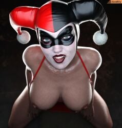 1girls 3d 3d_(artwork) alternate_version_available batman:_arkham_knight batman_(series) big_breasts breasts breasts_out busty clussy dc dc_comics female female_only harley_quinn harley_quinn_(classic) harley_quinn_(injustice) high-angle_view huge_breasts injustice_2 large_breasts licking_own_lips light-skinned_female light_skin looking_at_viewer nipples smitty34 solo thick_thighs