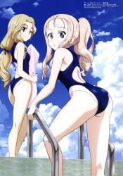 ass back bare_arms bare_legs bare_shoulders bare_thighs black_eyes blonde_hair blue_one-piece_swimsuit drill_hair getting_out_of_pool girls_und_panzer marie_(girls_und_panzer) megami_magazine mouth_closed official_art one-piece_swimsuit open_mouth pool pool_ladder silver_hair smile sofue_(girls_und_panzer) surprised swimsuit thighs towel