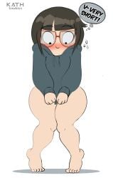 1girls aged_up blush bottomless chloe_park covering_crotch edited embarrassed glasses hoodie huge_ass kath_hawkins looking_down smile solo solo_female source_request speech_bubble standing_on_tip_toes sweatdrop text thick_thighs tight_clothing tiptoes watermark we_bare_bears wide_hips