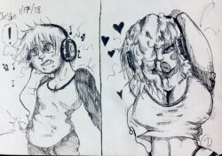 bimbofication brain_drain breast_expansion breasts cleavage dazed empty_eyes female female_only greyscale headphones huge_breasts hypnotic_audio inkbean large_breasts listening_to_music long_hair original short_hair sketch tech_control text traditional transformation