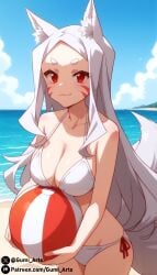 ai_generated alternate_breast_size ball beach bikini cleavage fox_ears fox_girl fox_tail gumi_arts looking_at_viewer outdoors red_eyes sewayaki_kitsune_no_senko-san shiro_(sewayaki_kitsune_no_senko-san) smile stable_diffusion white_hair