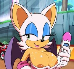 1girls anthro areolae bat breasts casual_nudity cellphone clothing color dark_nipples edit female female_only furry green_eyes huge_breasts lilmoonie mammal nipple_slip public_nudity rouge_the_bat sega sonic_(series) team_sonic_racing team_sonic_racing_overdrive video_games white_fur white_hair