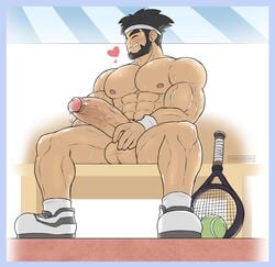 1boy 1male abs balls bara beard bench biceps big_balls big_penis black_hair boner buff calves cum_drip dripping_cum ear erection facial_hair frieddough glistening_skin good_art harry_(mario_tennis) headband heart high_resolution highres legs male male_masturbation male_nipples male_only mario_(series) mario_tennis mario_tennis:_power_tour muscled muscles muscular_male naked_footwear naked_with_shoes_on nintendo nipples nude pecs penis precum shoes shoes_only sitting smile socks solo_male sweat tennis tennis_ball tennis_racket thighs uncensored vein veins veiny veiny_penis watermark wink