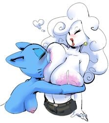 2019 air_creature air_humanoid anthro bear_hug big_breasts blush breast_sucking breastfeeding breasts cartoon_network clothed clothing cloud_creature cloud_humanoid dbaru domestic_cat duo ear_piercing ear_ring felid feline felis female fur heart lactation mammal mature_female milk nicole_watterson nipples open_mouth pants piercing simple_background sucking the_amazing_world_of_gumball topless voluptuous white_background yuki_yoshida yuri