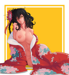 1girls arienne arm_tattoo bare_shoulders black_hair braid breasts facial_mark female flower hair_flower hair_ornament japanese_clothes kimono long_hair looking_at_viewer navel neck_tattoo nipples open_clothes original side_braid simple_background sitting solo stormcow tattoo white_border yellow_background yellow_eyes