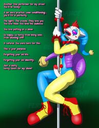 ! 2019 absurd_res anthro bell blue_tongue canid canine clothed clothing clown clown_nose dancing english_text erection fur green_background hair hat headgear headwear hi_res humanoid_penis hypnosis immelmann jester makeup male male_only mammal manip mind_control open_mouth penis pole pole_dancing purple_eyes red_hair red_nose rubber sharp_teeth simple_background solo spiral spiral_eyes suddenlytsumi teeth text tongue