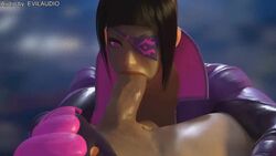 1boy 1girls 3d animated asian black_hair bodysuit capcom deepthroat duo evilaudio eye_contact eye_patch faceless_male fellatio female fringe gagging human juri_han male male_pov oral penis pov purple_eyes rexxcraft sound straight street_fighter street_fighter_v throat_noise video