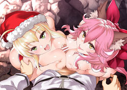 2girls :d ahoge animal_ears ass blonde_hair bottomless breasts breasts_to_breasts cleavage double_paizuri erection fate/extra fate/grand_order fate_(series) fox_ears fujimaru_ritsuka_(male) green_eyes hair_between_eyes hat kaorihero large_breasts long_hair looking_at_viewer multiple_girls multiple_paizuri navel nero_claudius_(fate) nude open_mouth paizuri penis pink_hair pov precum santa_hat shadow smile tamamo_no_mae_(fate) teeth tongue yellow_eyes