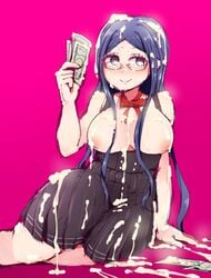 1girls big_breasts black_clothing black_hair blue_eyes blue_hair covered_in_cum cum cum_on_body cum_on_breasts cum_on_face danganronpa exposed_breasts female glasses money ribbon shirogane_tsumugi smooth_skin solo