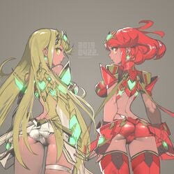 2girls armor ass bangs blonde_hair breasts cleavage_cutout covered_navel earrings fingerless_gloves fujimoto_hideaki gem gloves headpiece jewelry large_breasts long_hair looking_at_viewer multiple_girls mythra_(xenoblade) nintendo panties pyra_(xenoblade) red_eyes red_hair red_shorts short_hair shorts shoulder_armor simple_background swept_bangs thigh_strap tiara underwear white_panties xenoblade_(series) xenoblade_chronicles_2 yellow_eyes